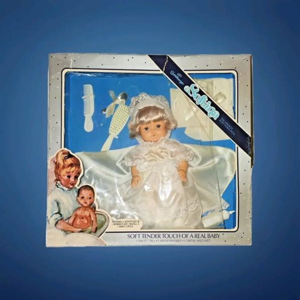NRFB 🧸 Vintage Goldberger 11" SOFTINA BABY DOLL  Accessories Drinks Wets 🔵 NEW